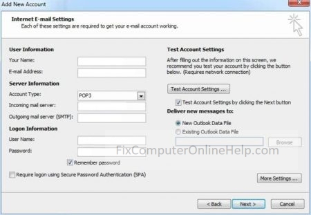 POP internet email settings page