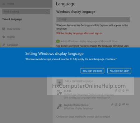 windows 10 - sign out after changing display language
